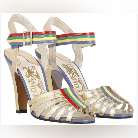 SALVATORE FERRAGAMO CREATIONS Sandals Red Gold/multicolour leather Luxe strappy - Picture 2 of 9